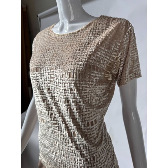 Barami Womens M Short-Sleeve Textured Top Beige Cream Woven Pattern Rayon/Polyes - Picture 3 of 15